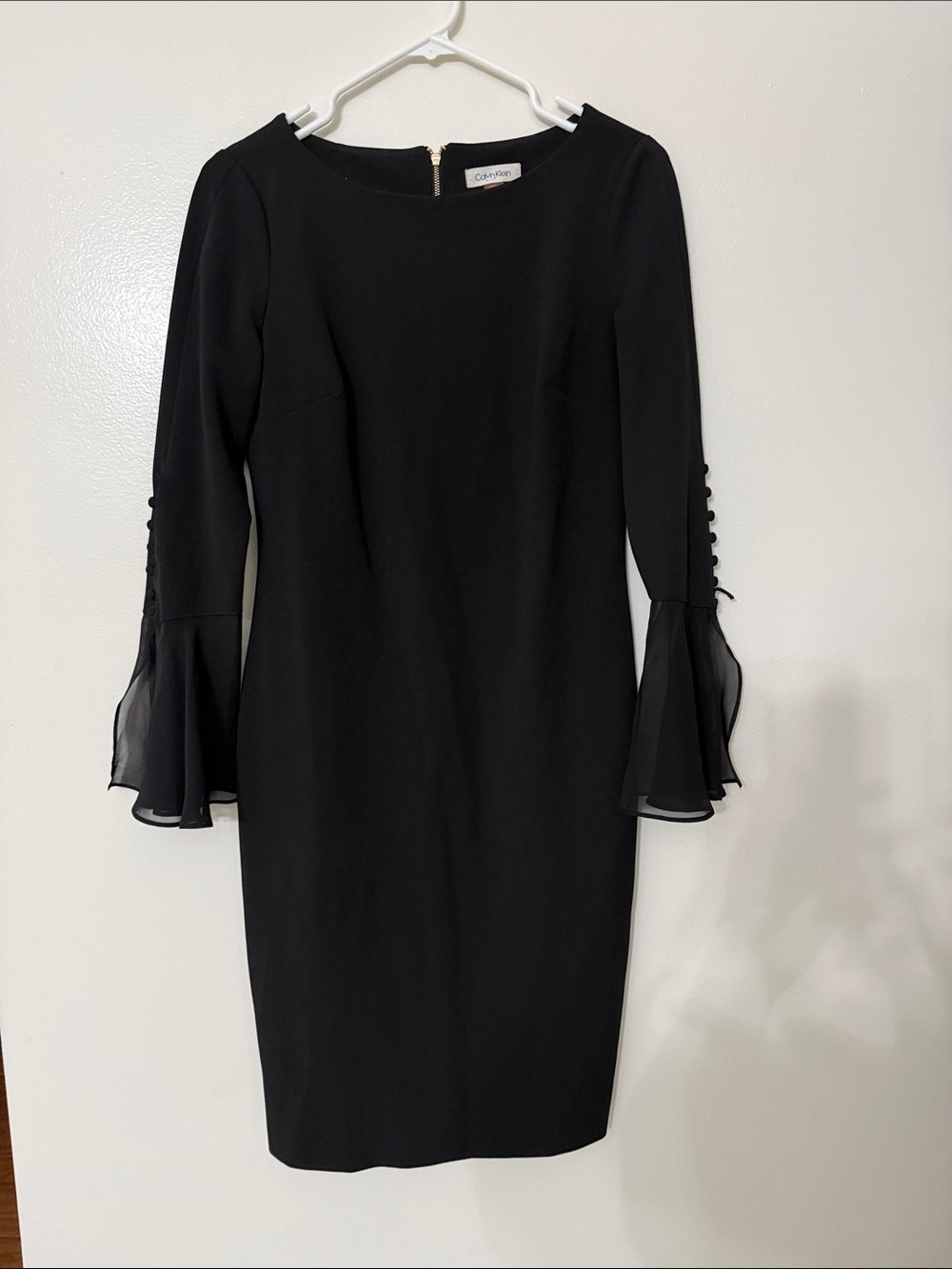Calvin Klein Black Long-Sleeve Sheath Dress with Flared Sheer Cuffs